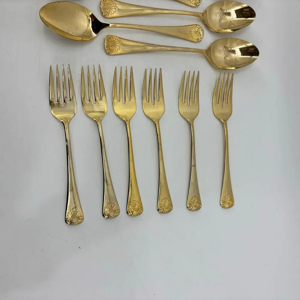 Shell Hollywood Regency Gold Tone Dinner Spoons Forks Flatware 19 Pcs Stainless